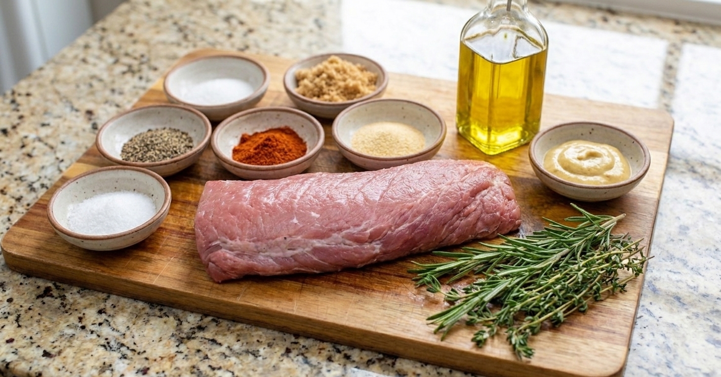 Raw pork tenderloin on a cutting board beside small bowls of salt, pepper, paprika, garlic powder, brown sugar, Dijon mustard, olive oil, and fresh herbs on a bright kitchen counter
