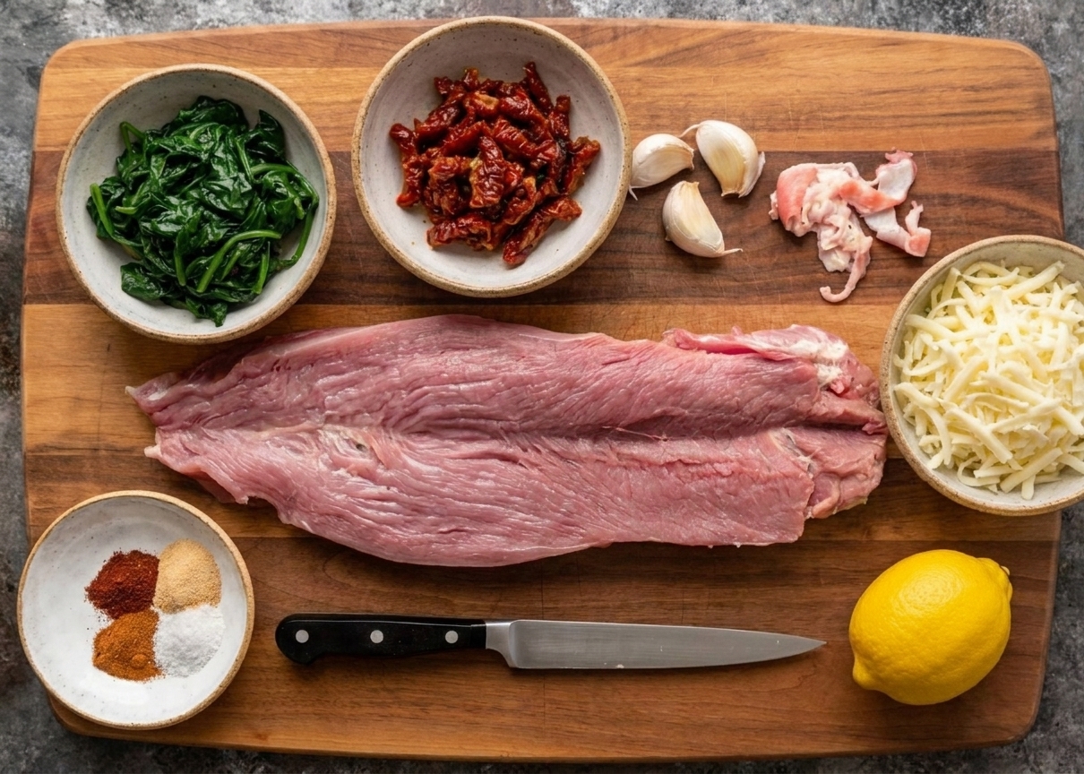 Raw pork tenderloin on a cutting board next to bowls of fresh spinach, chopped sun-dried tomatoes, shredded mozzarella, garlic, lemon, and spices on a kitchen counter