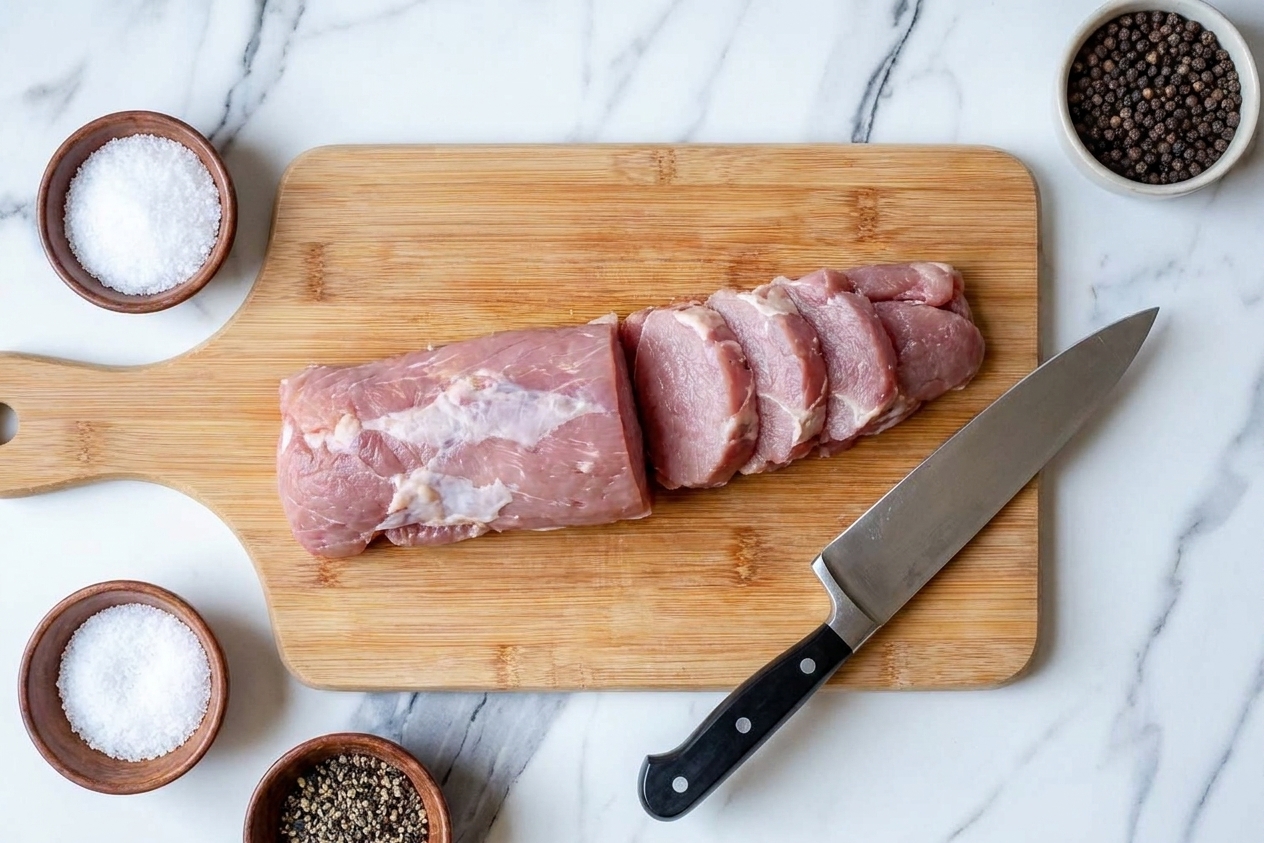 Raw pork tenderloin sliced into thick medallions on a cutting board with a knife beside it