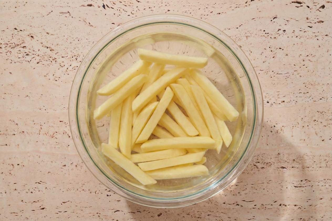 Raw potato fries soaking in a large glass bowl of cold water on a kitchen counter