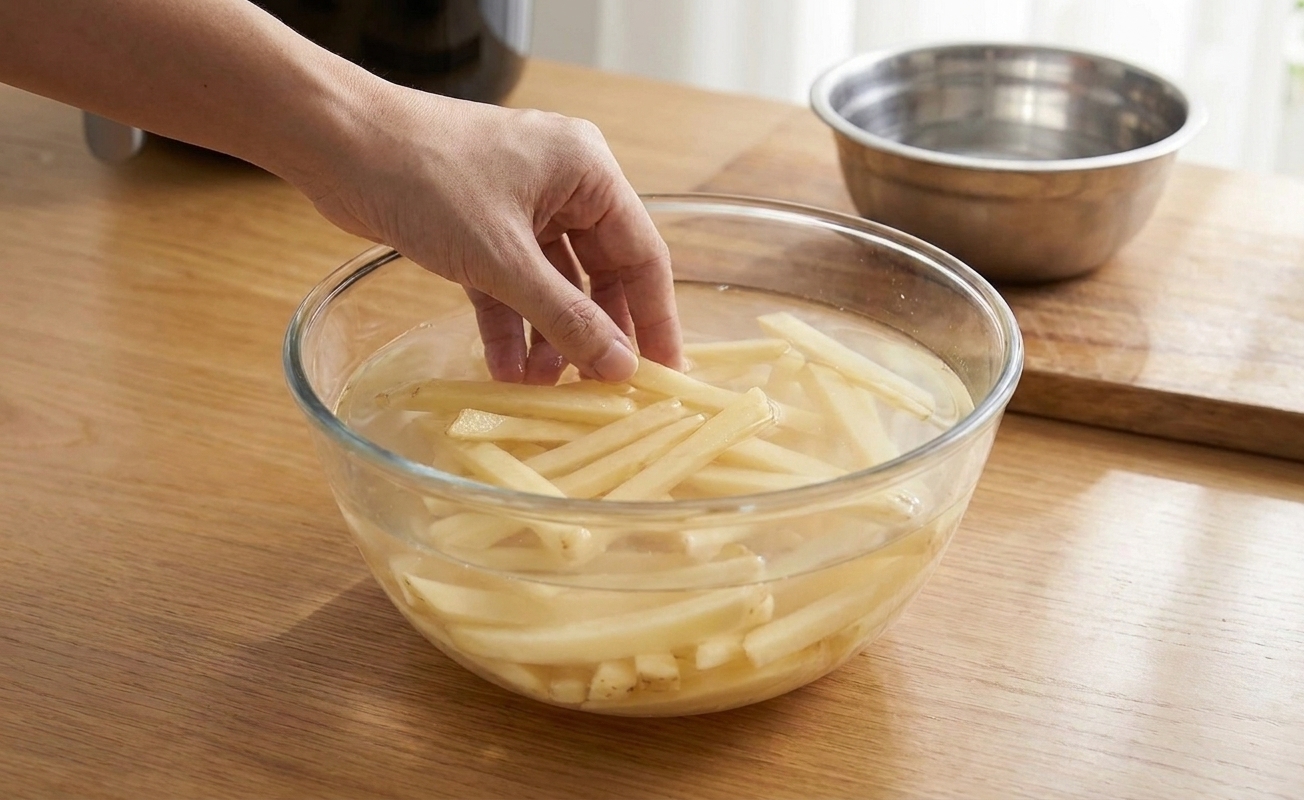 Raw potato sticks soaking in a large clear bowl of cold water on a kitchen counter