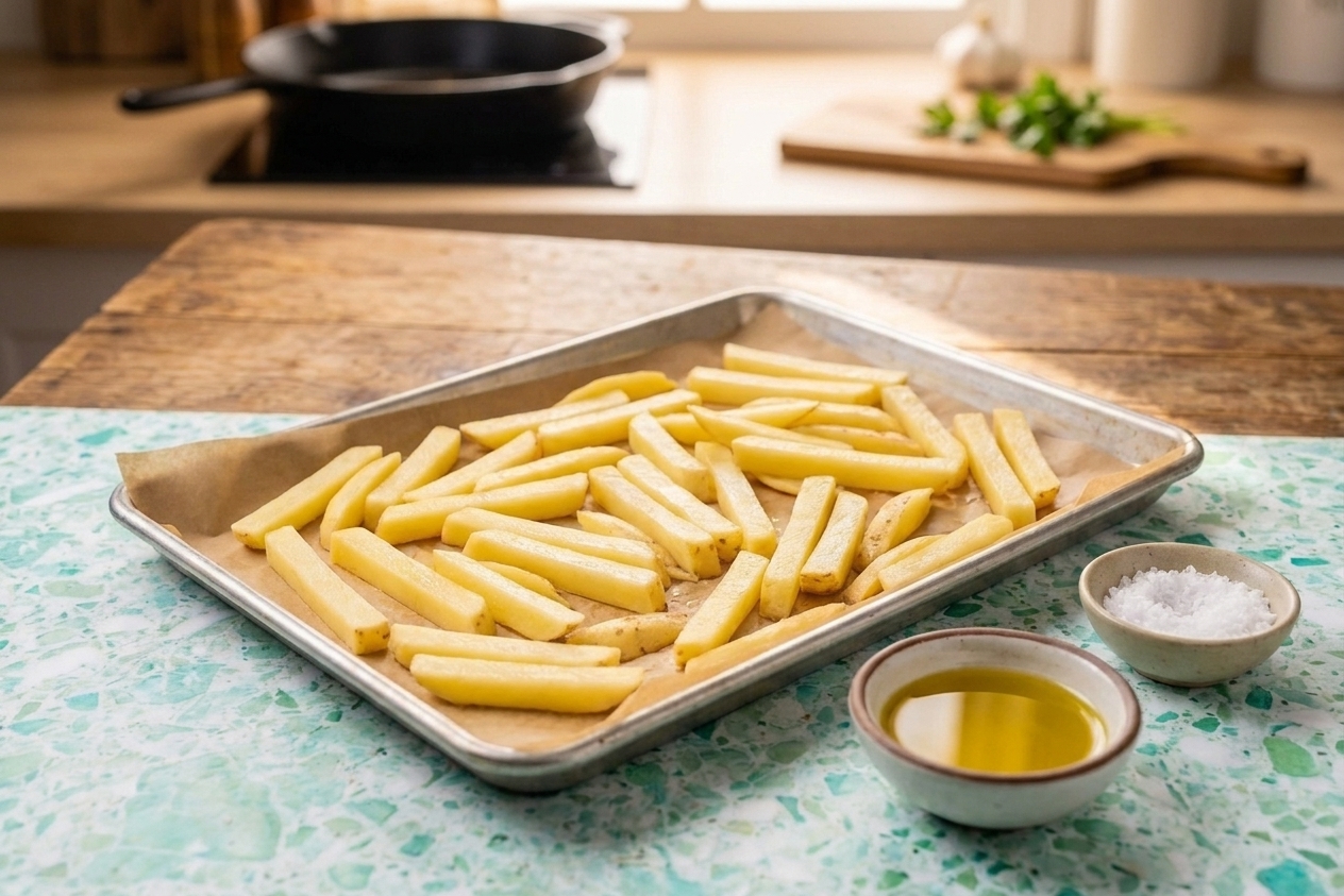 Raw potato sticks spread out on a parchment-lined sheet pan with a small bowl of oil and salt nearby on a bright kitchen counter