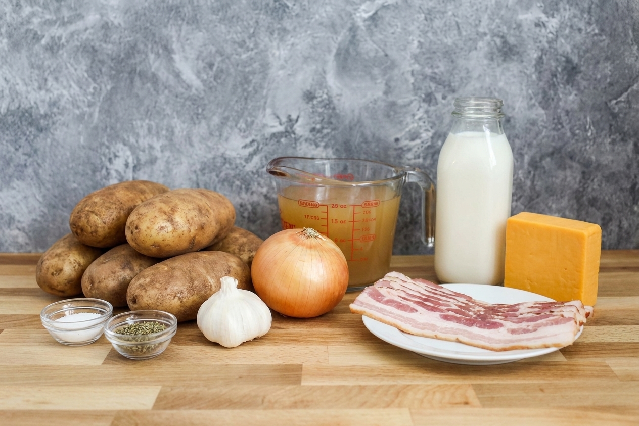 Raw potatoes, onion, garlic, chicken broth, milk, cheddar, bacon, and seasonings arranged on a bright kitchen counter