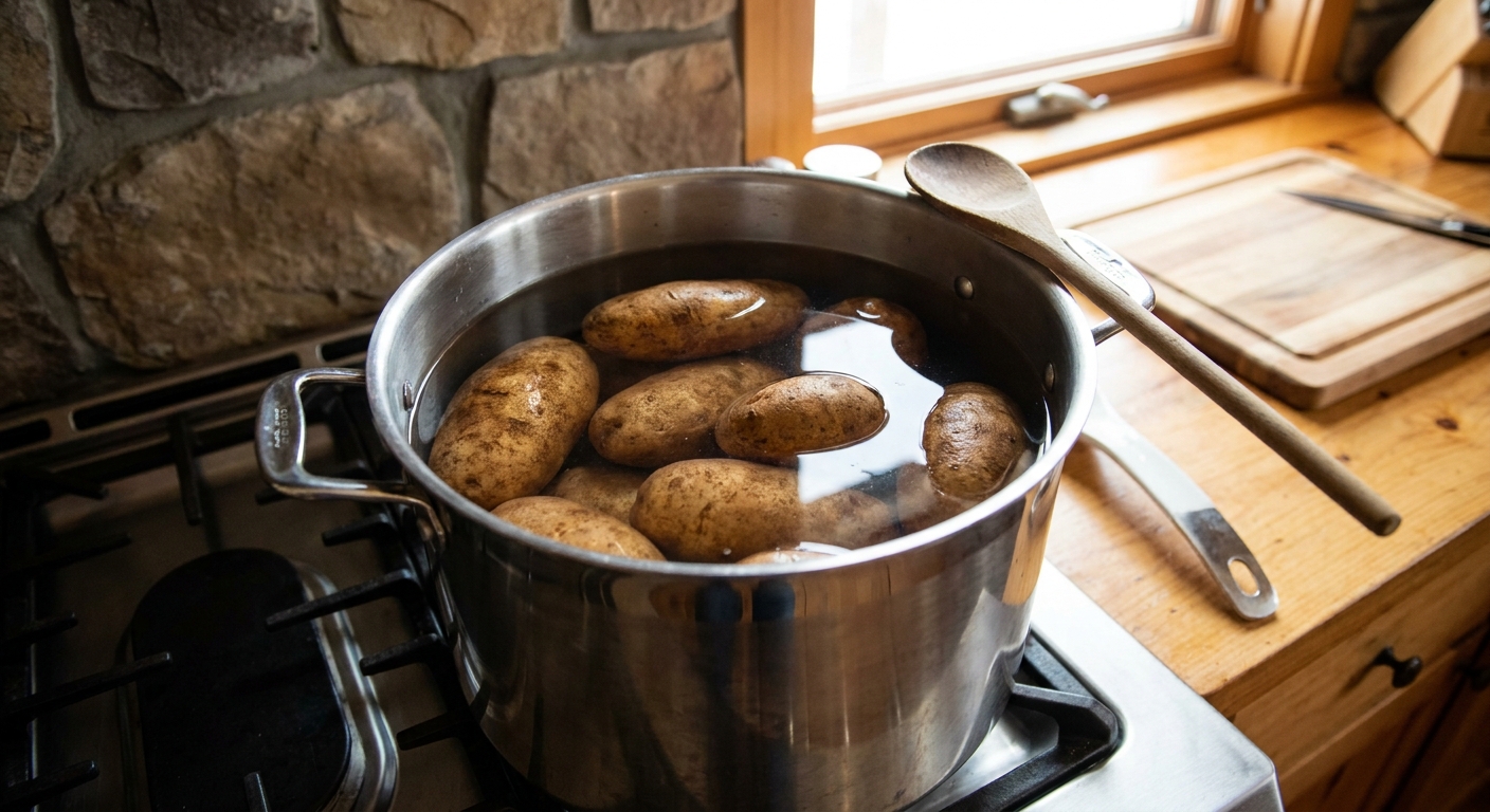 Raw potatoes sitting in a large pot covered with cold water on a stovetop before cooking