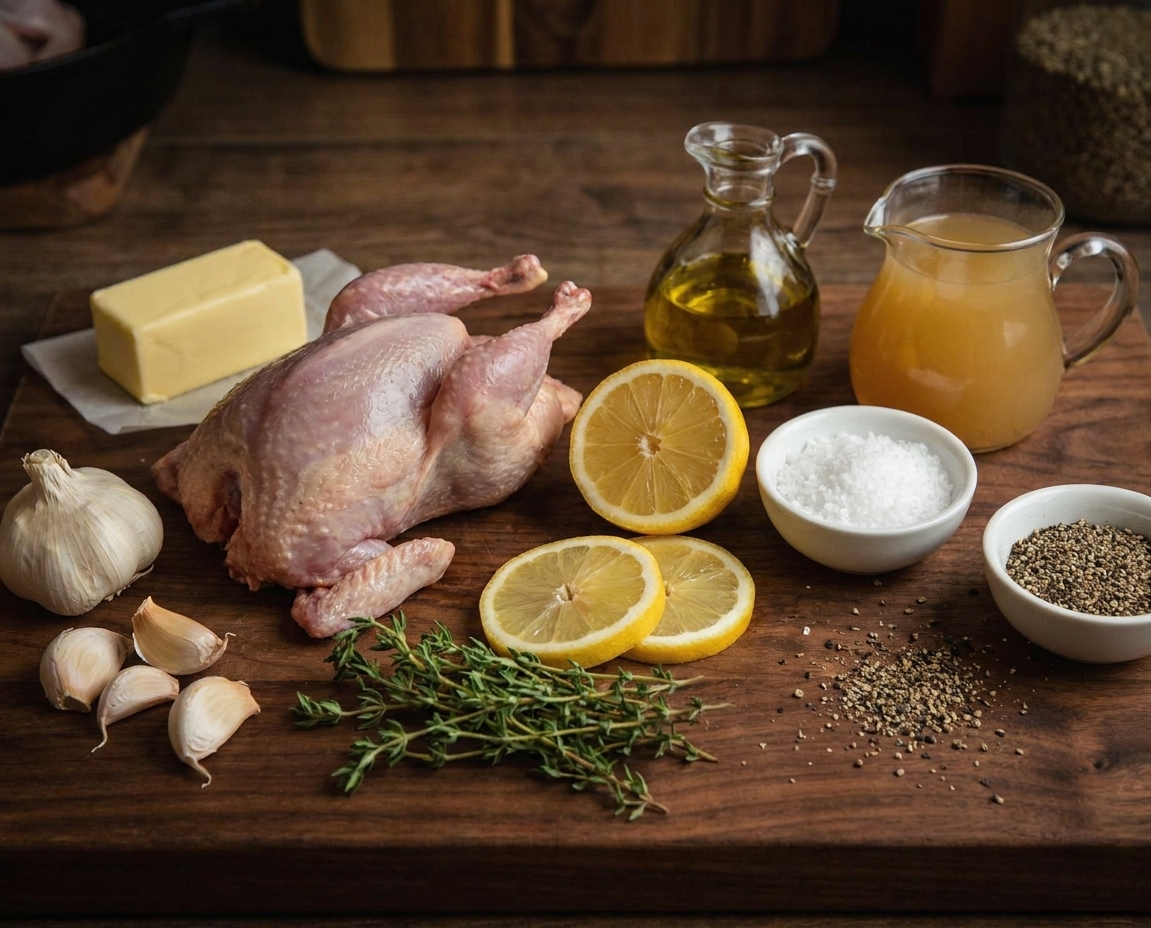 Raw quail, garlic cloves, lemon, thyme, butter, olive oil, salt, pepper, and chicken stock arranged on a light kitchen counter