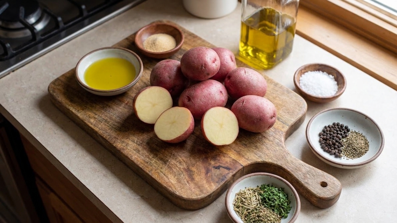 Raw red potatoes, olive oil, garlic powder, salt, pepper, and dried herbs arranged on a kitchen counter with a cutting board