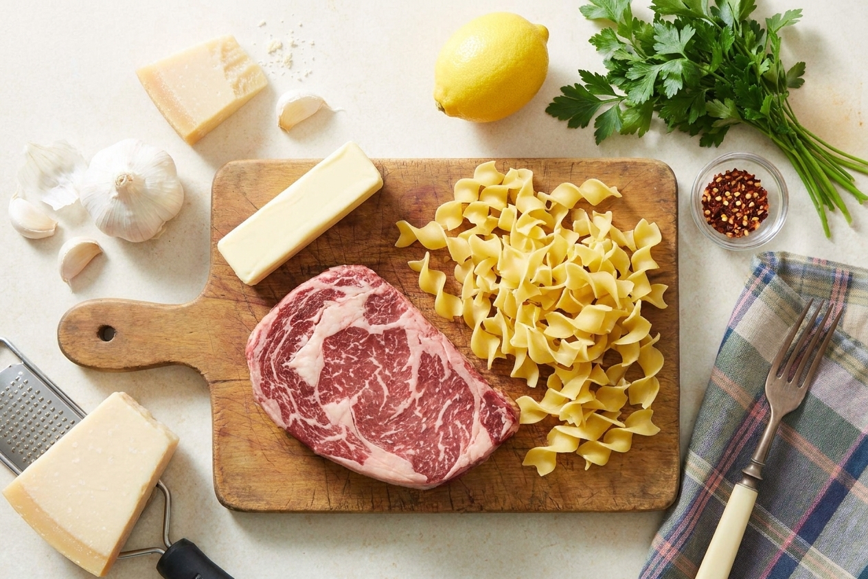 Raw ribeye steak, uncooked pasta, butter, garlic, Parmesan, lemon, parsley, and red pepper flakes arranged on a light kitchen counter