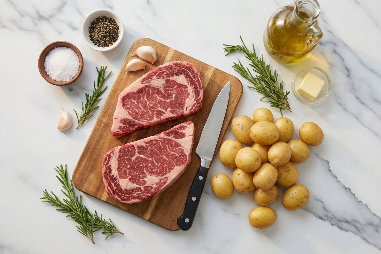 Raw ribeye steaks, baby potatoes, garlic, rosemary, butter, salt, pepper, and olive oil arranged on a clean kitchen counter with a cutting board and small bowls