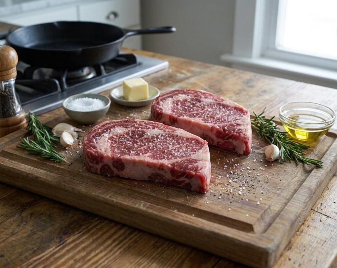 Raw ribeye steaks on a cutting board with kosher salt, black pepper, garlic, rosemary, butter, and a small bowl of neutral oil on a kitchen counter