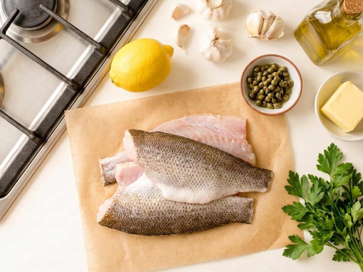 Raw rockfish fillets on parchment paper beside lemon, capers, garlic, butter, olive oil, and fresh parsley arranged on a light-colored kitchen counter
