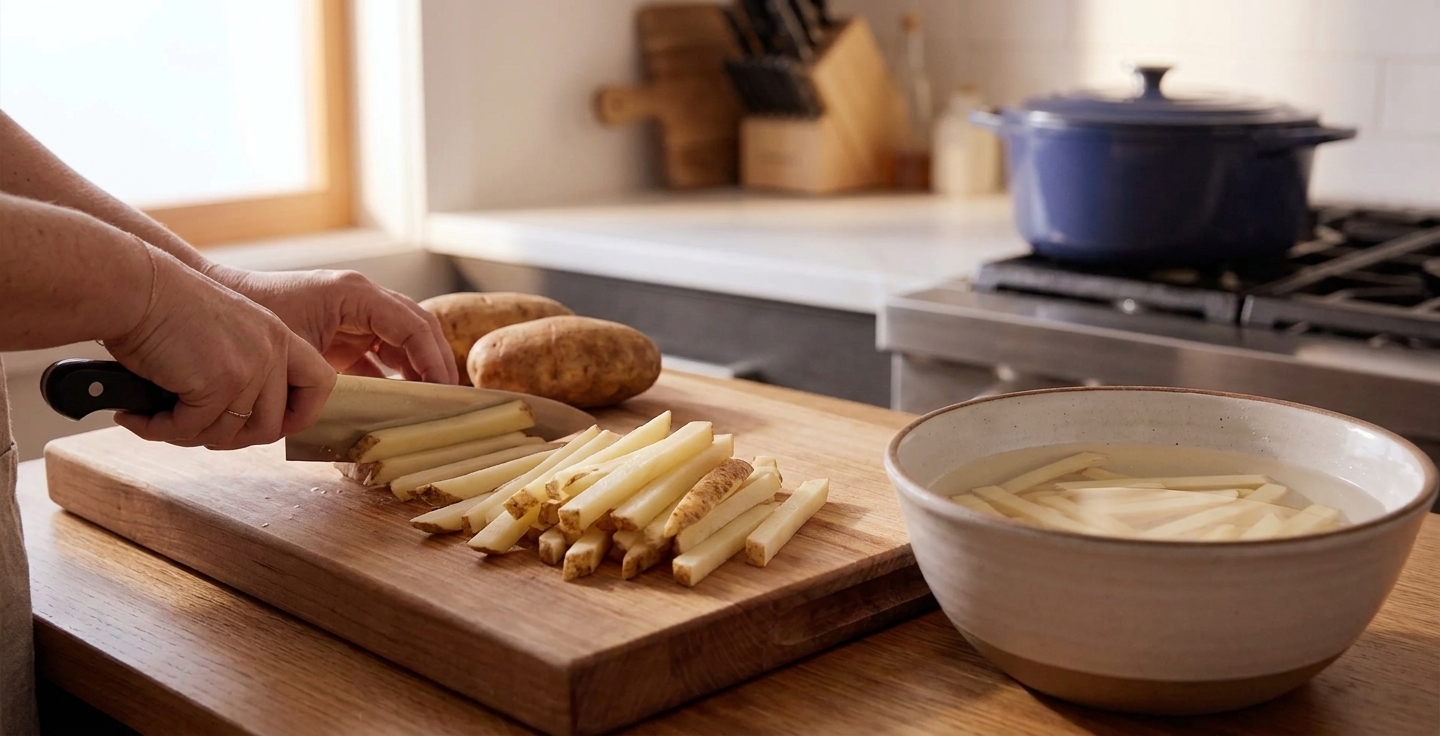 Raw russet potatoes being sliced into even fry sticks on a wooden cutting board next to a bowl of cold water