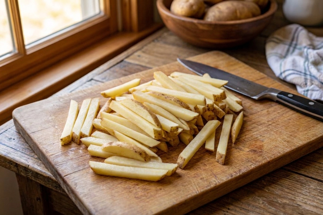 Raw russet potatoes cut into even fry sticks on a cutting board in a home kitchen