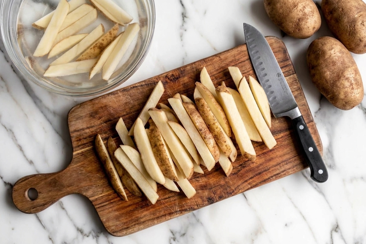 Raw russet potatoes cut into thick fries on a cutting board beside a bowl of cold water on a kitchen counter