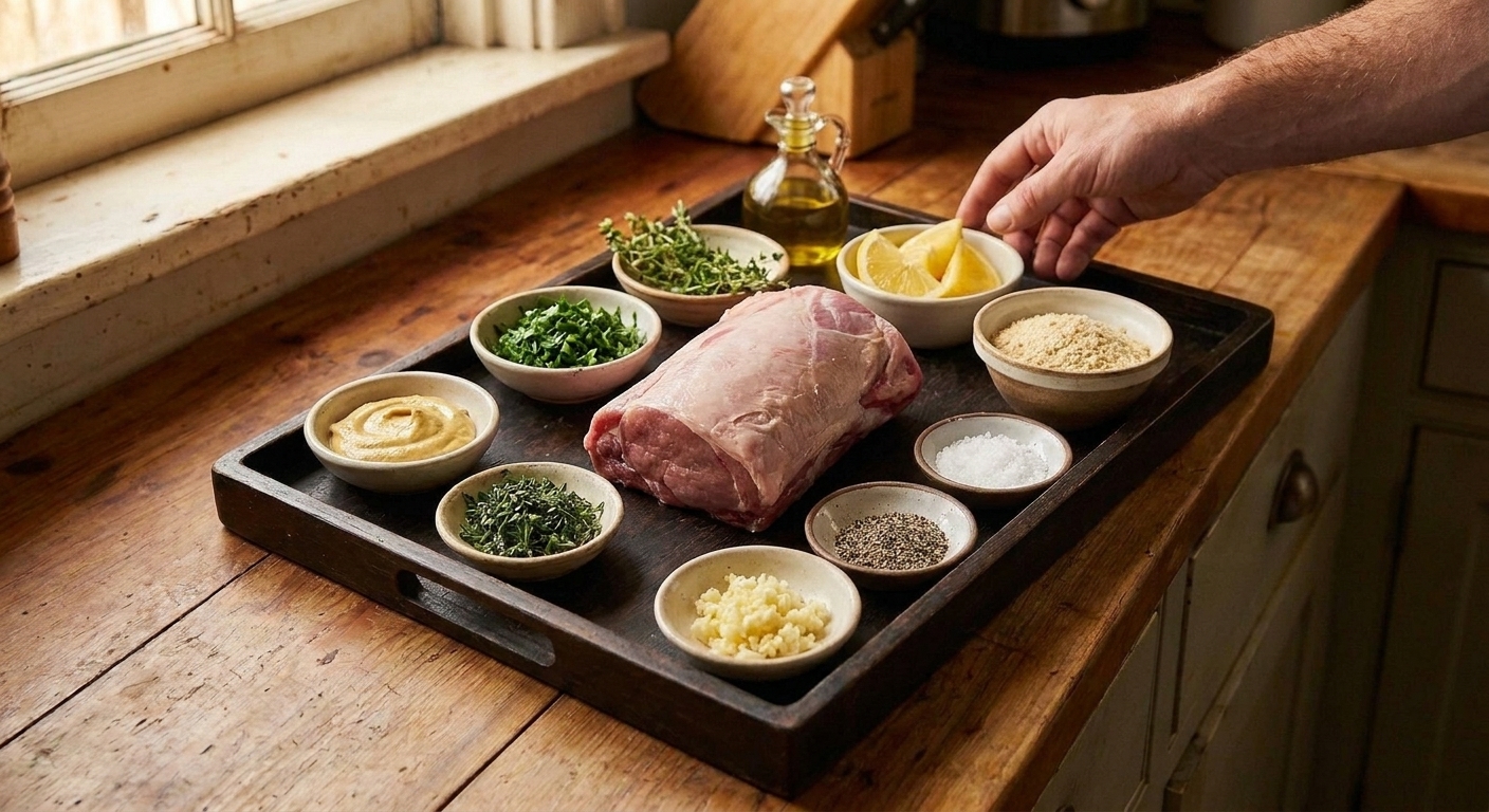 Raw saddle of lamb on a tray surrounded by small bowls of Dijon mustard, chopped herbs, minced garlic, lemon, breadcrumbs, salt, pepper, and olive oil on a clean kitchen counter