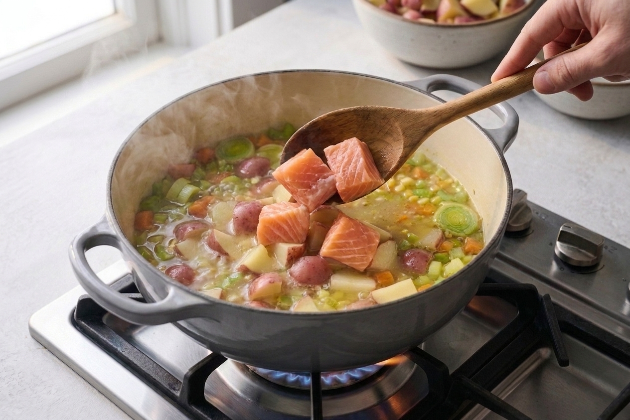Raw salmon chunks being added to a pot of chowder base on the stovetop