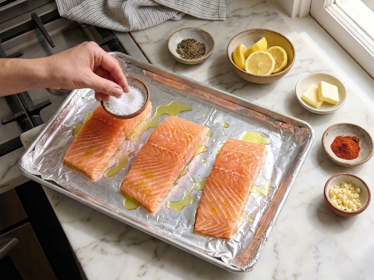 Raw salmon fillets arranged on a foil lined sheet pan with small bowls of salt, pepper, paprika, lemon, butter, and minced garlic on a kitchen counter