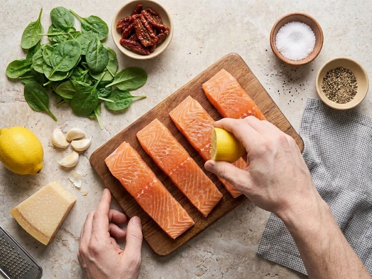 Raw salmon fillets, baby spinach, sun-dried tomatoes, garlic, lemon, and Parmesan arranged on a light stone kitchen counter with small bowls of salt and pepper
