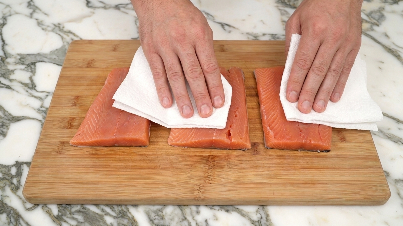 Raw salmon fillets being patted dry with paper towels on a cutting board on a home kitchen counter