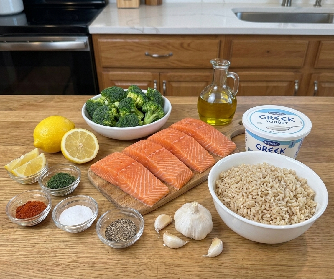 Raw salmon fillets, broccoli florets, cooked brown rice, lemons, Greek yogurt, garlic, olive oil, and spices arranged on a kitchen counter