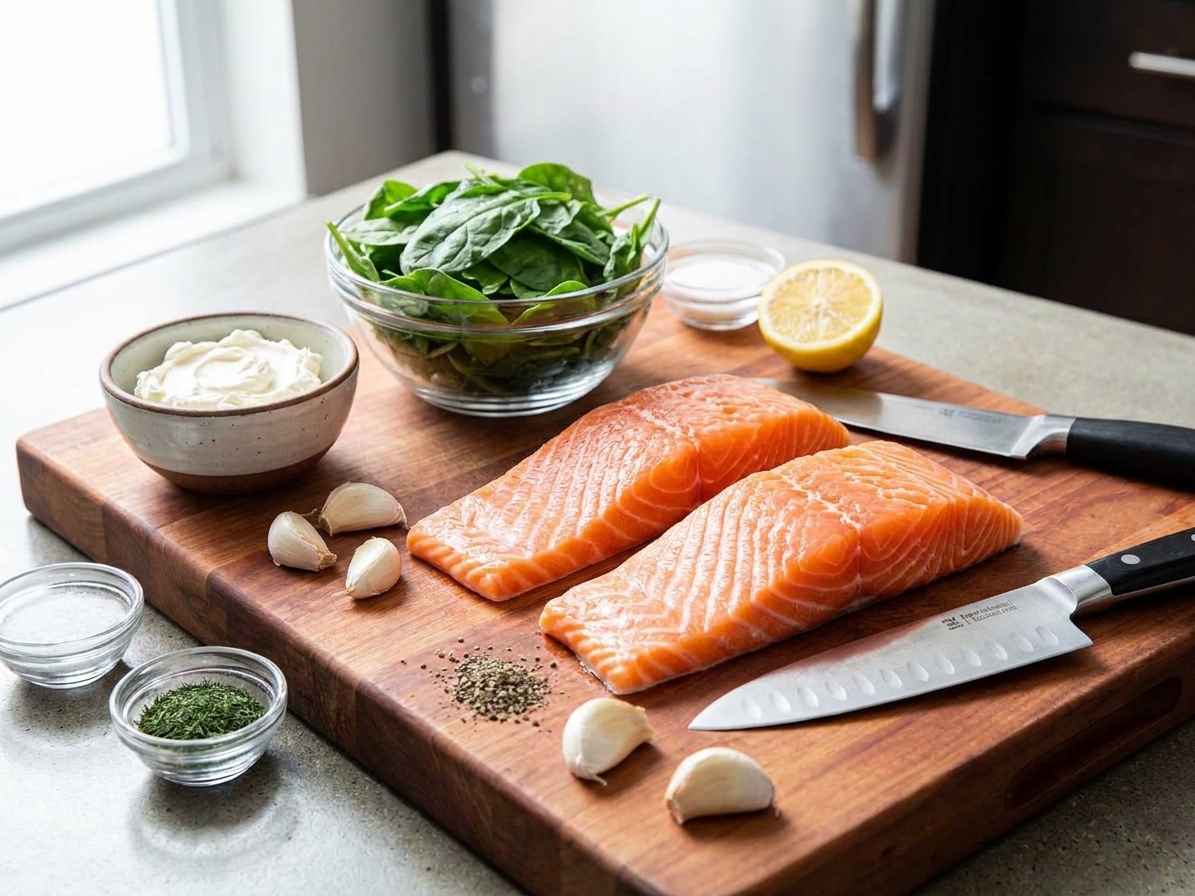 Raw salmon fillets, cream cheese, fresh spinach, lemon, garlic, and seasonings arranged on a clean kitchen counter with soft natural light
