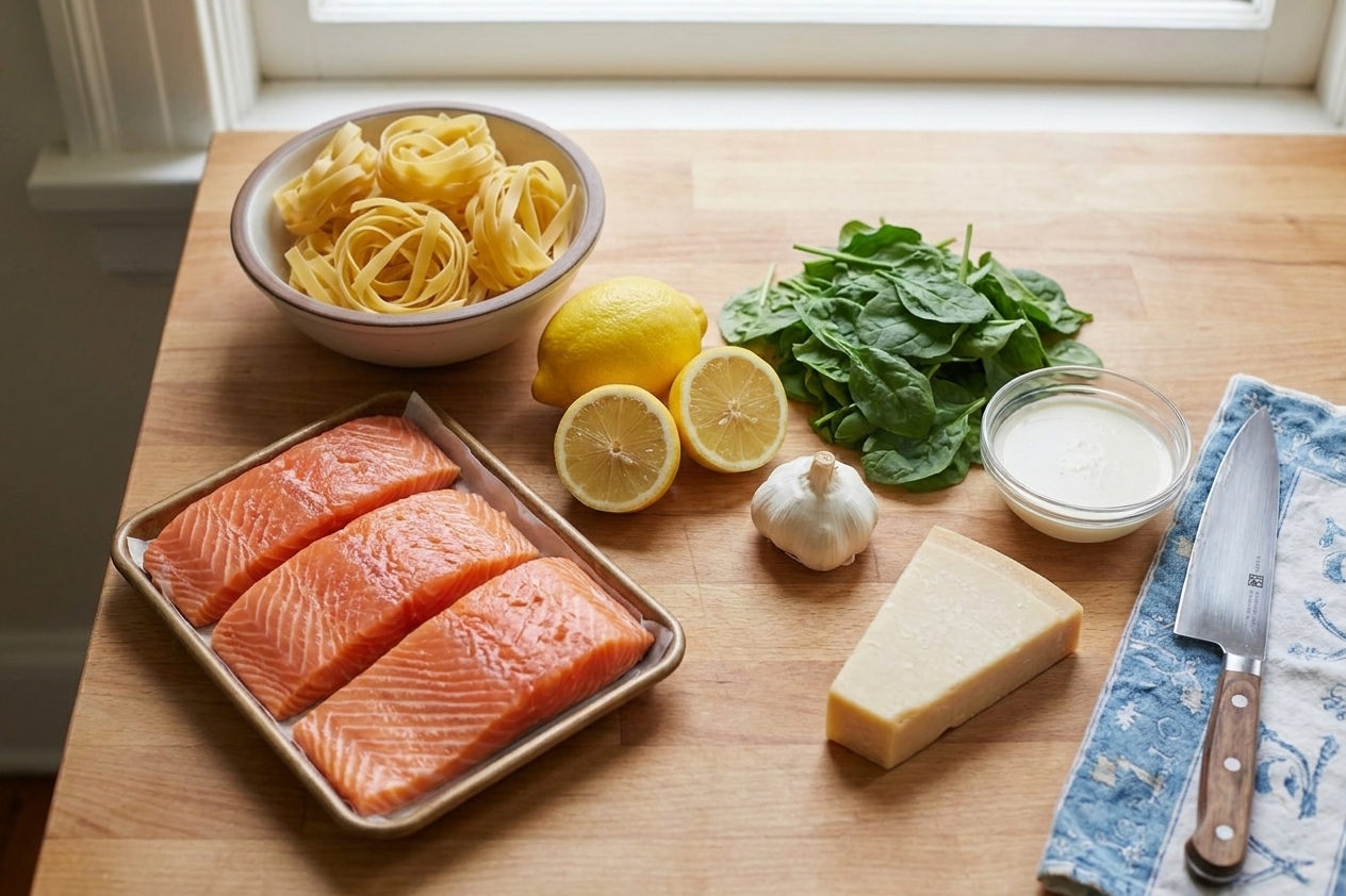 Raw salmon fillets, dried pasta, lemon, garlic, spinach, parmesan, and a small bowl of cream arranged on a clean kitchen counter under soft natural light