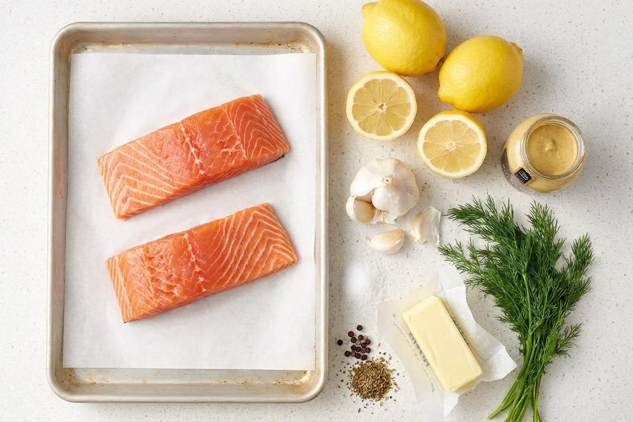 Raw salmon fillets, lemon, garlic, butter, Dijon mustard, fresh dill, and spices arranged on a light kitchen counter next to a sheet pan