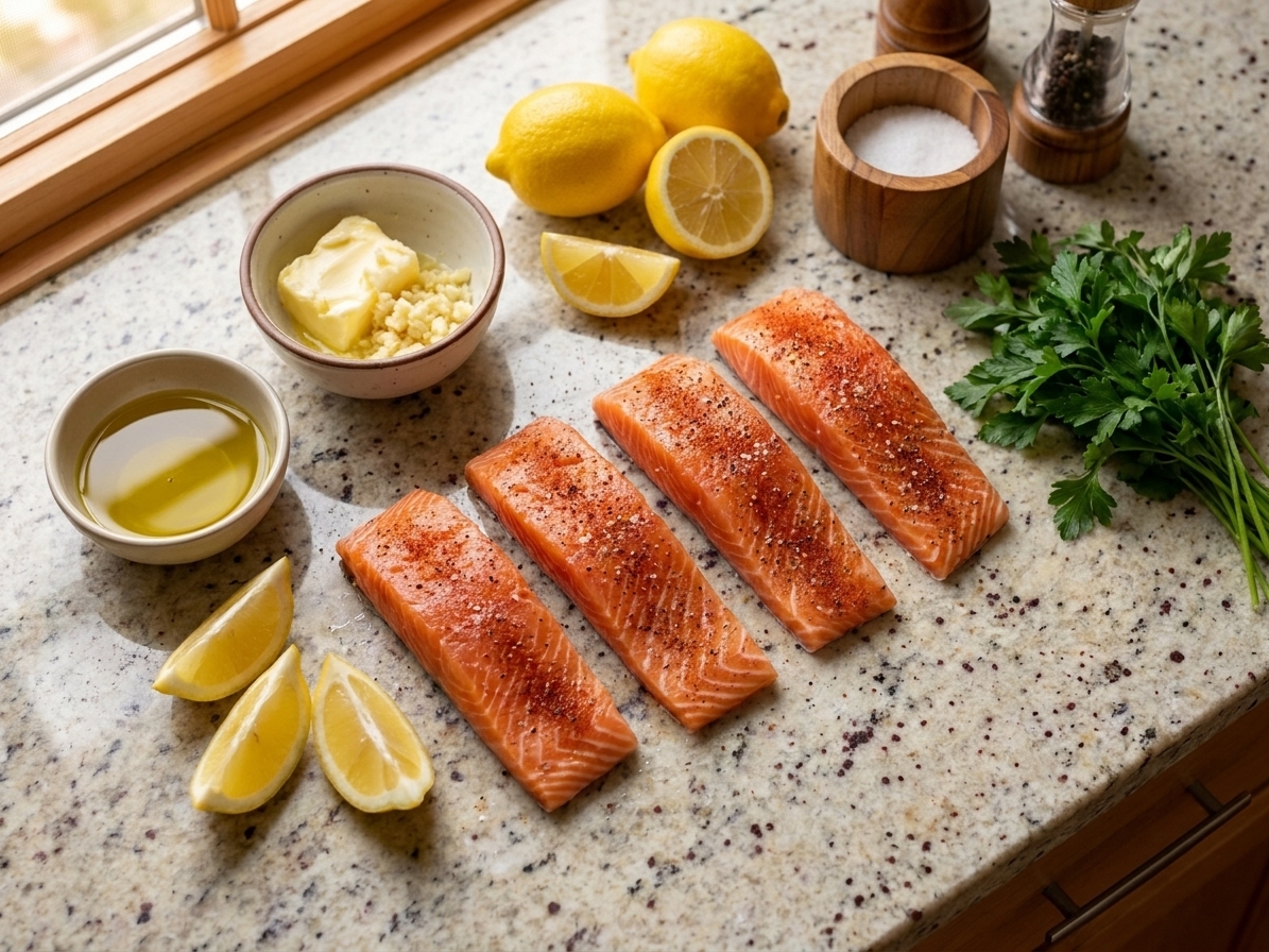 Raw salmon fillets, lemon, garlic, butter, olive oil, salt, pepper, and fresh parsley arranged on a clean kitchen counter with small bowls