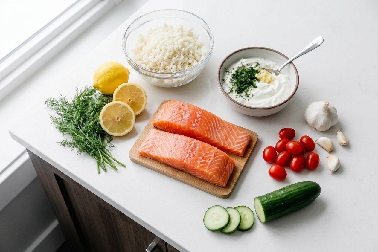 Raw salmon fillets, lemons, garlic, Greek yogurt, dill, cucumbers, cherry tomatoes, and riced cauliflower arranged on a bright kitchen counter
