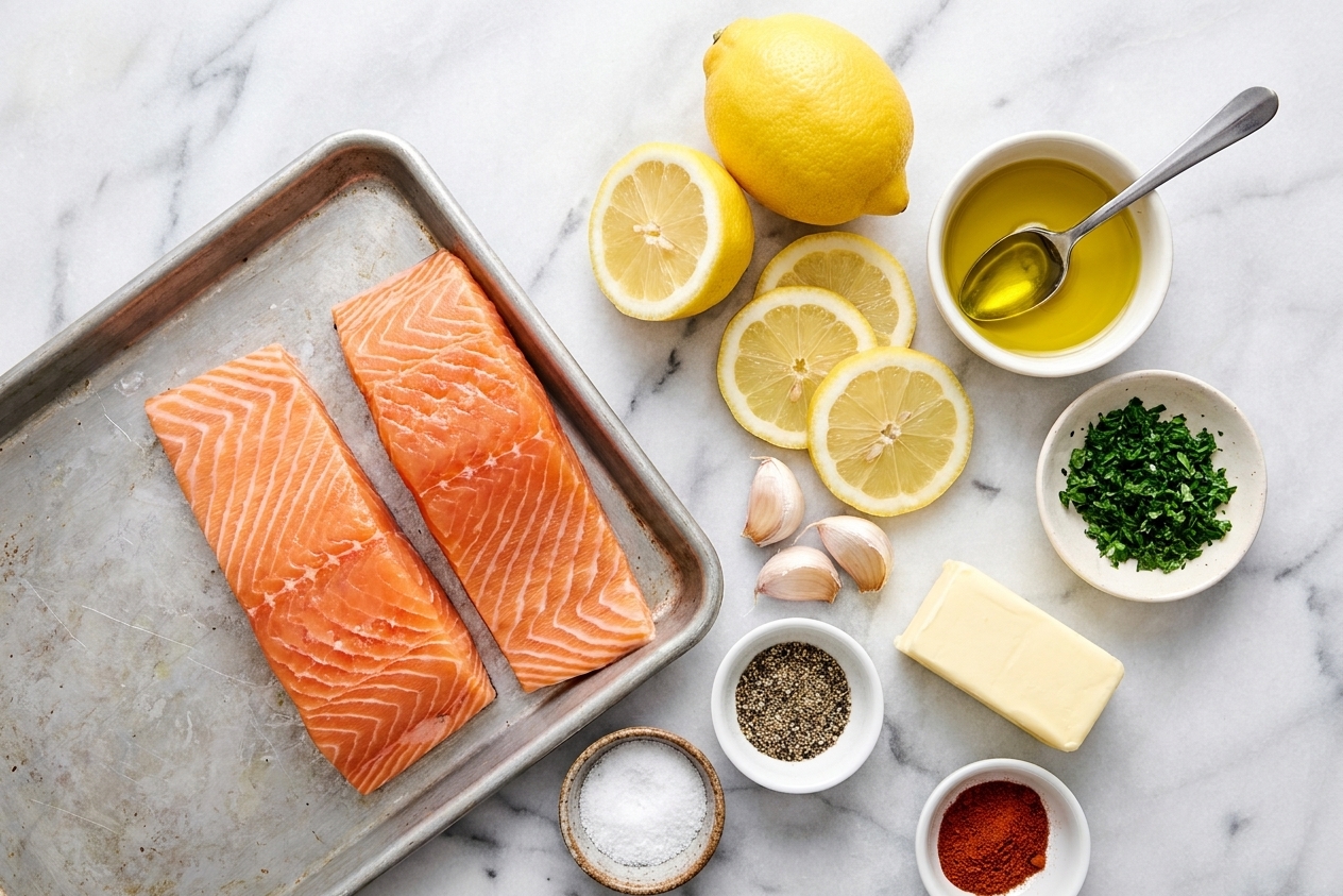 Raw salmon fillets, lemons, garlic cloves, butter, olive oil, parsley, salt, pepper, and paprika arranged on a light kitchen counter beside a small baking sheet