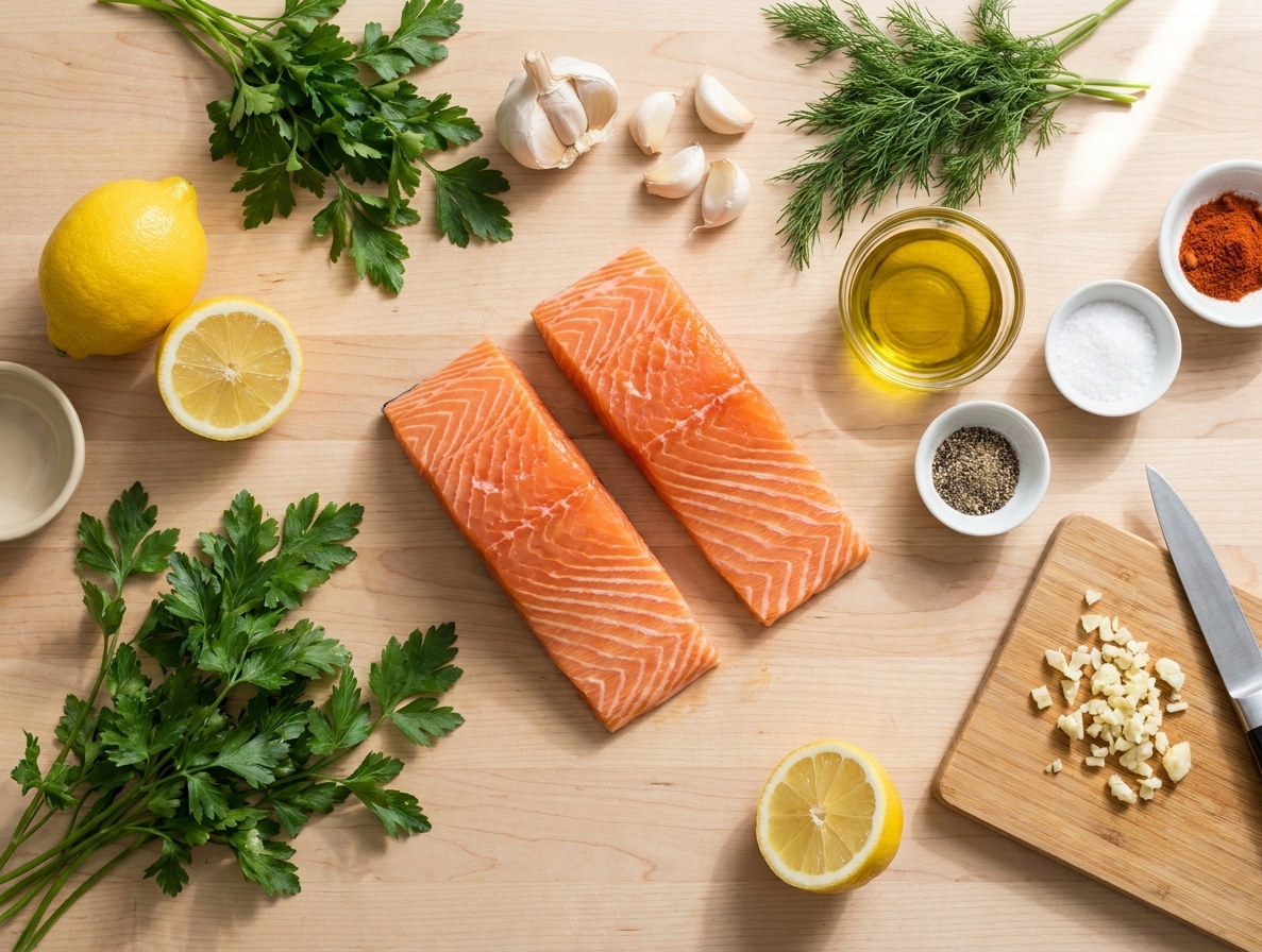 Raw salmon fillets, lemons, garlic, fresh parsley, dill, olive oil, and spices arranged on a light kitchen counter
