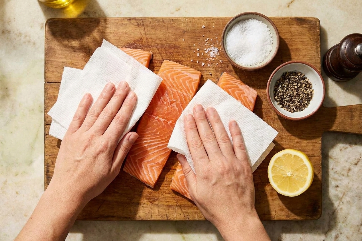 Raw salmon fillets on a cutting board being patted dry with paper towels next to kosher salt, black pepper, and a lemon on a consistent warm-lit kitchen counter