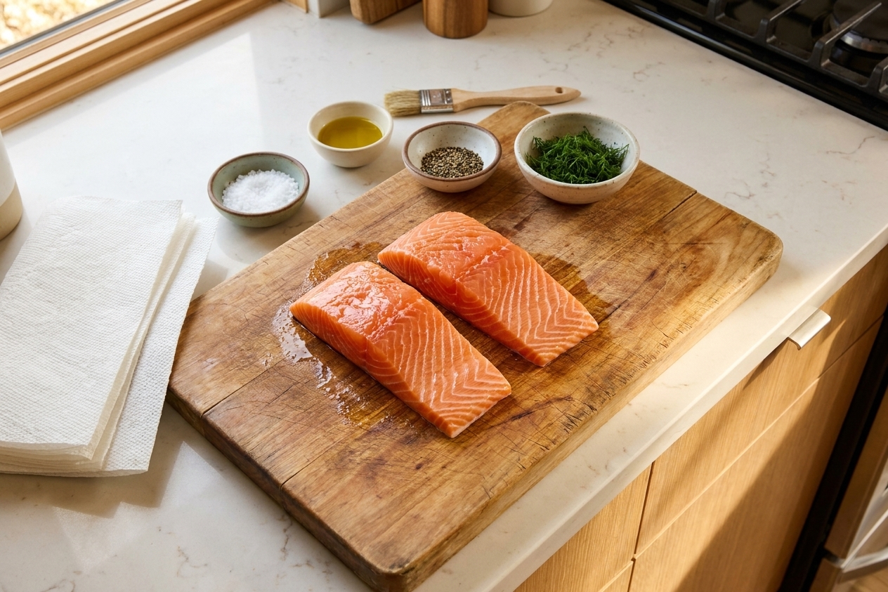 Raw salmon fillets on a cutting board with paper towels nearby and small bowls of spices on a clean kitchen counter