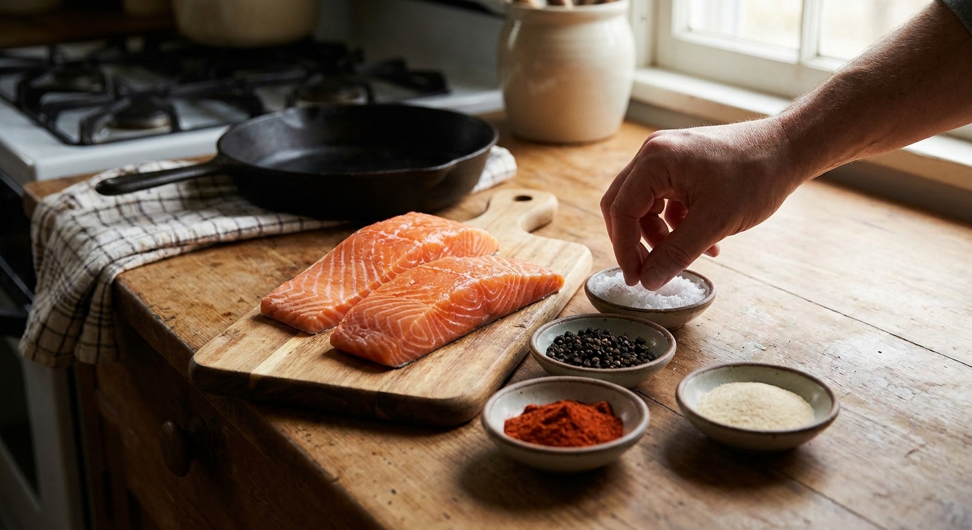 Raw salmon fillets on a cutting board with small bowls of salt, pepper, paprika, and garlic powder beside them on a wooden counter