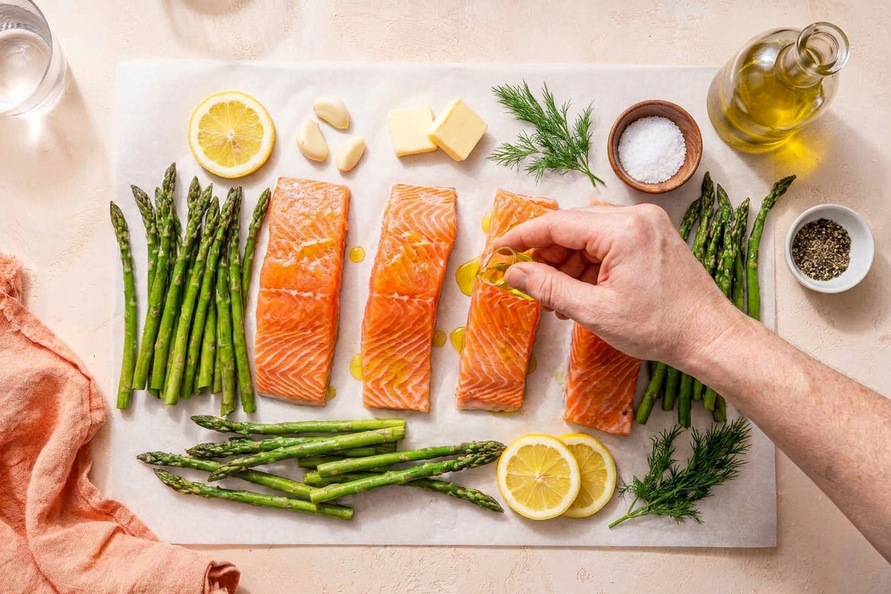 Raw salmon fillets on parchment beside lemon, garlic, butter, olive oil, salt, pepper, and fresh herbs on a bright kitchen counter