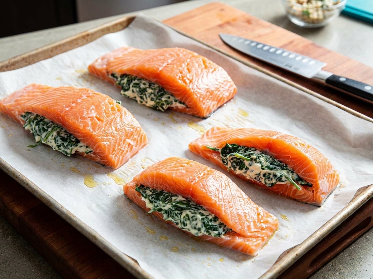 Raw salmon fillets stuffed with a creamy spinach filling arranged on a parchment-lined sheet pan before baking
