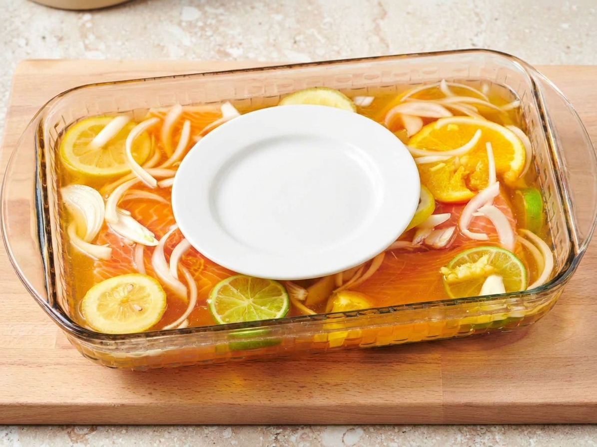 Raw salmon fillets submerged in a clear brine in a glass baking dish on a kitchen counter, with a small plate weighing them down
