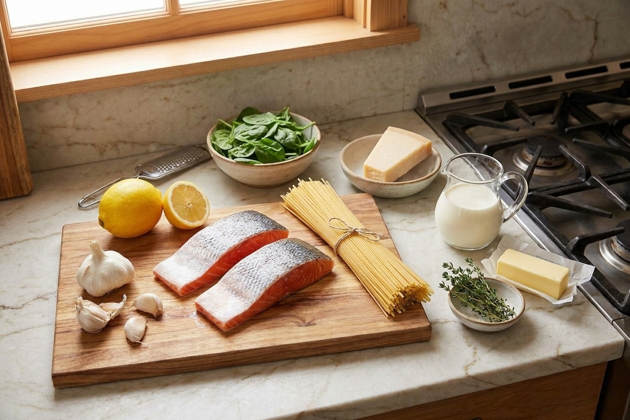 Raw salmon, spaghetti, lemon, garlic, Parmesan, baby spinach, butter, and cream arranged on a clean kitchen counter under soft window light