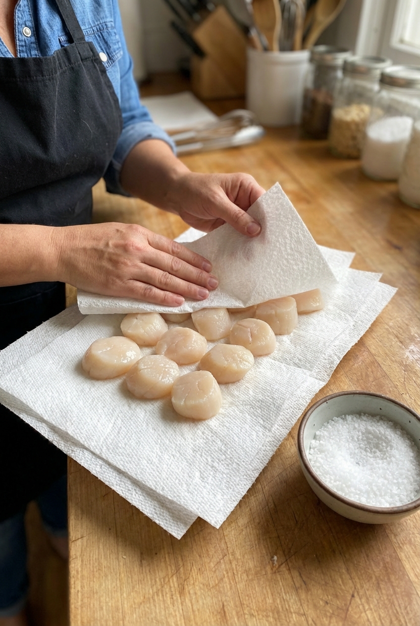 Raw sea scallops being patted dry on paper towels next to a bowl of kosher salt