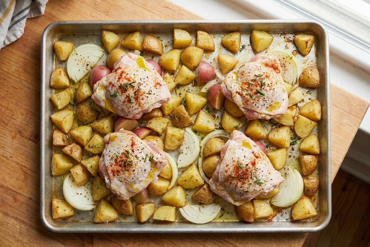 Raw seasoned chicken thighs placed skin-side up over a bed of seasoned potatoes on a rimmed sheet pan