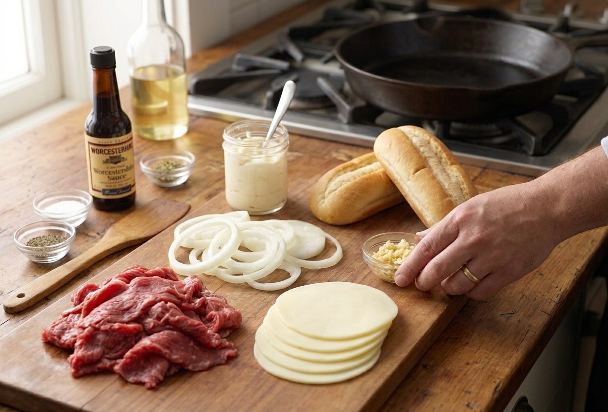 Raw shaved beef steak, sliced onions, provolone slices, hoagie rolls, mayonnaise, garlic, Worcestershire sauce, and seasonings arranged on a bright kitchen counter