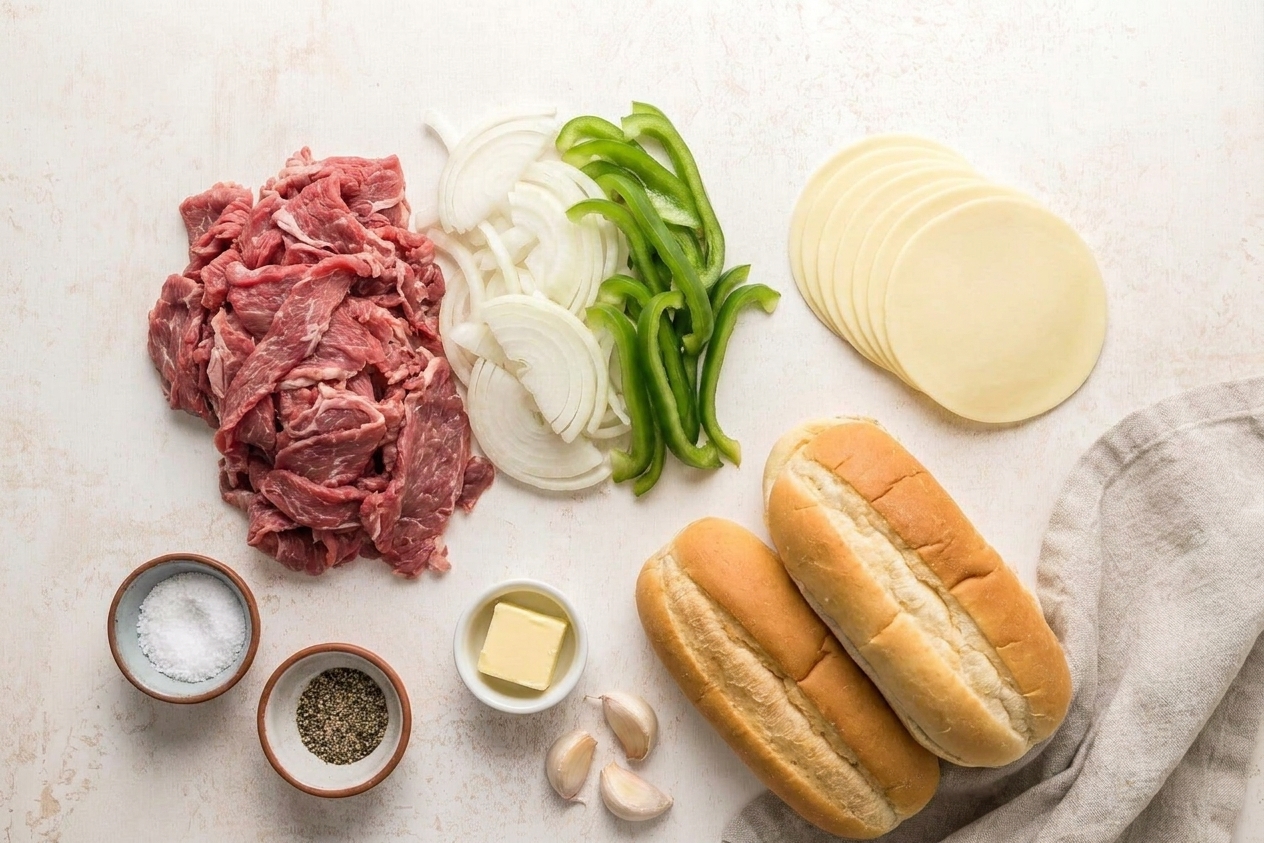 Raw shaved steak, sliced onions, sliced green bell peppers, provolone slices, hoagie rolls, garlic, butter, and small bowls of salt and pepper arranged on a clean kitchen counter