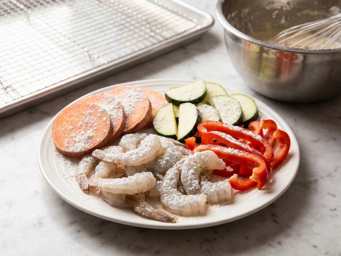 Raw shrimp and sliced vegetables lightly dusted with cornstarch on a plate