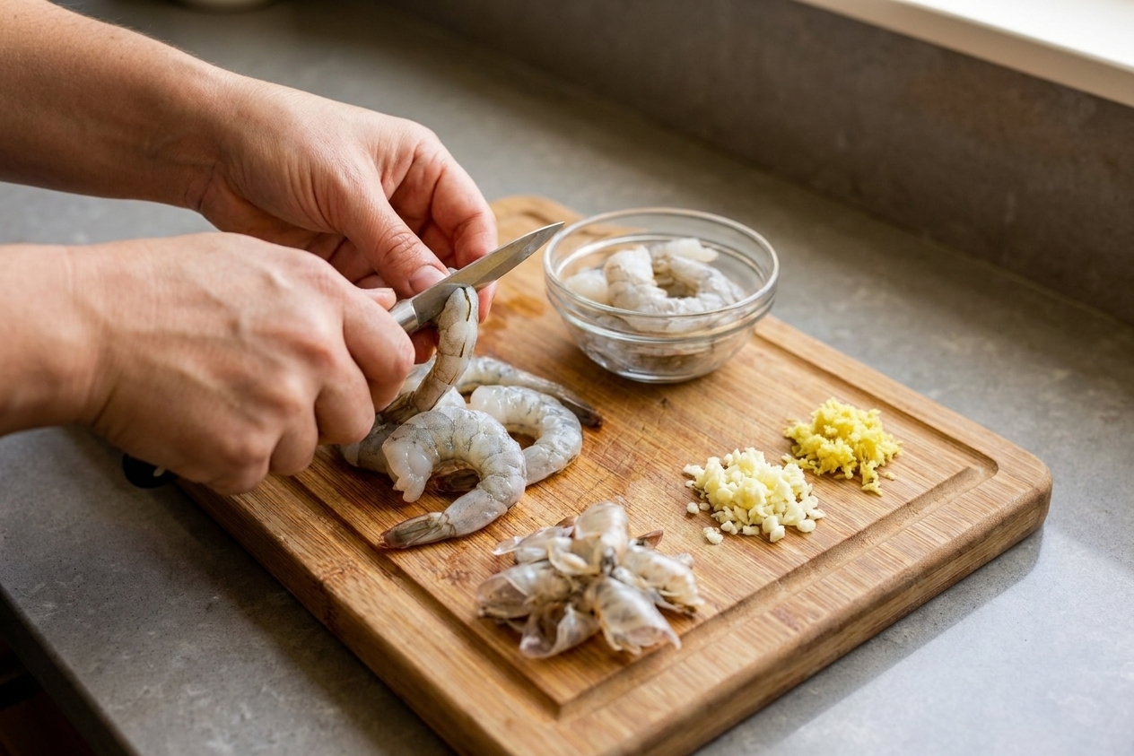 Raw shrimp being peeled and deveined on a wooden cutting board next to minced garlic and ginger