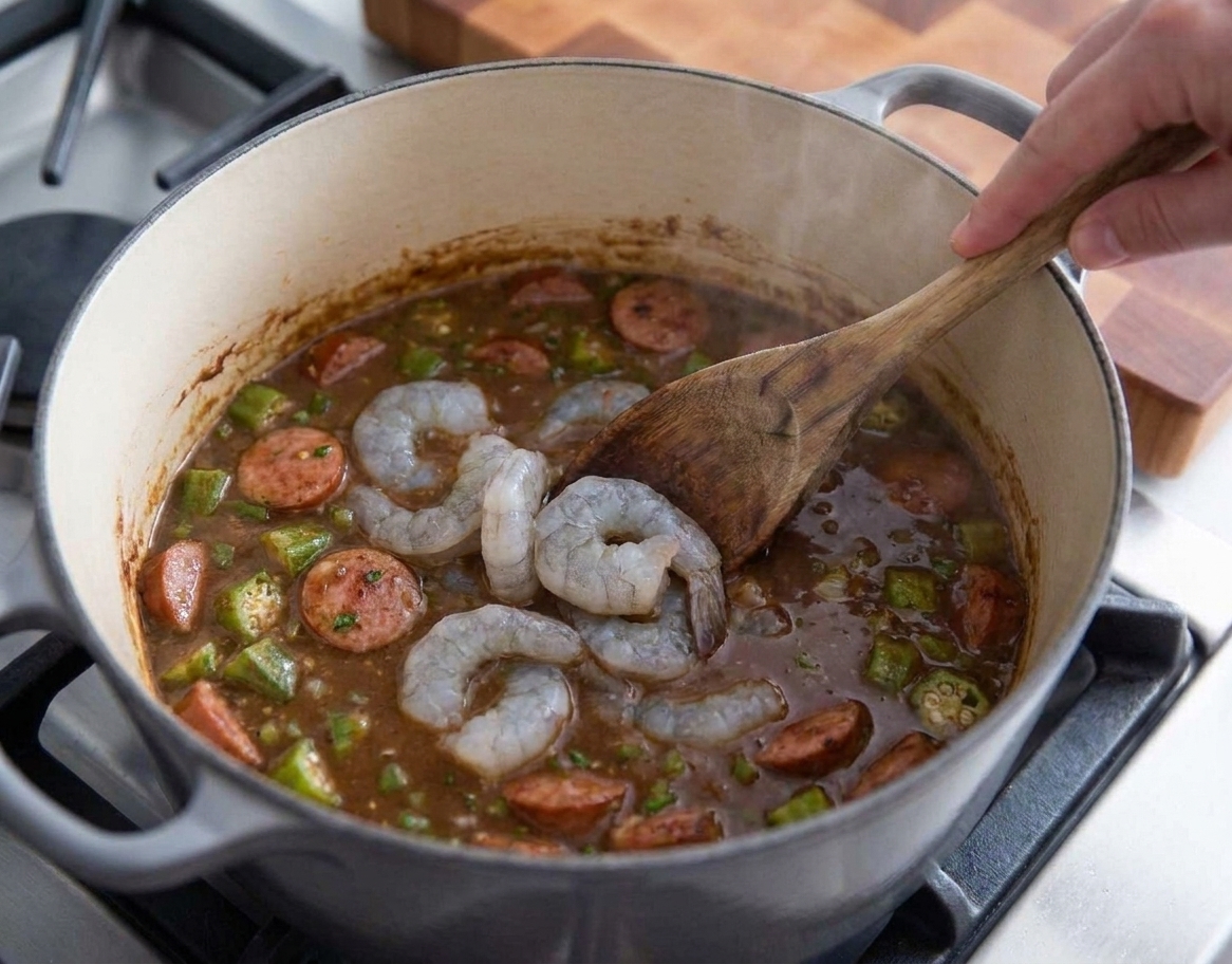 Raw shrimp being stirred into simmering gumbo in a Dutch oven, with okra and broth visible