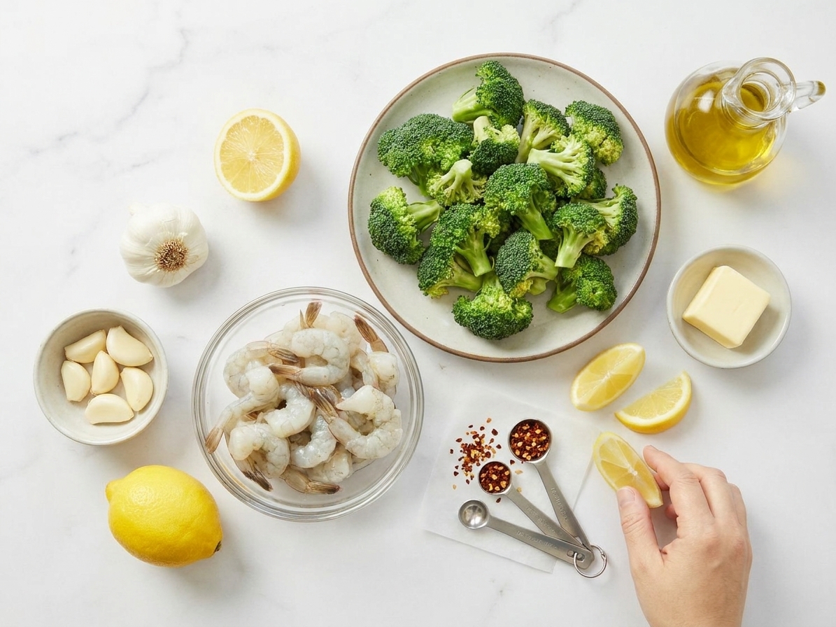 Raw shrimp, broccoli florets, garlic, lemon, butter, olive oil, and red pepper flakes arranged on a light kitchen counter with measuring spoons
