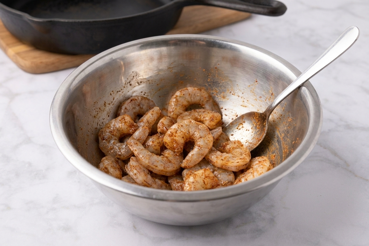 Raw shrimp coated in smoky spices in a stainless steel mixing bowl with a spoon resting on the side on a kitchen counter