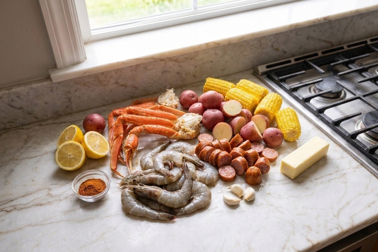 Raw shrimp, crab legs, Andouille sausage, corn, red potatoes, lemons, garlic, Cajun seasoning, and butter laid out on a bright kitchen counter