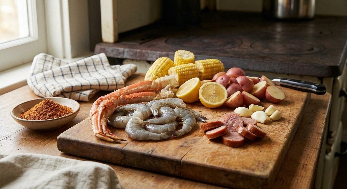 Raw shrimp, crab legs, andouille sausage, corn, potatoes, garlic, lemons, and Cajun seasoning arranged on a clean kitchen counter with warm natural light