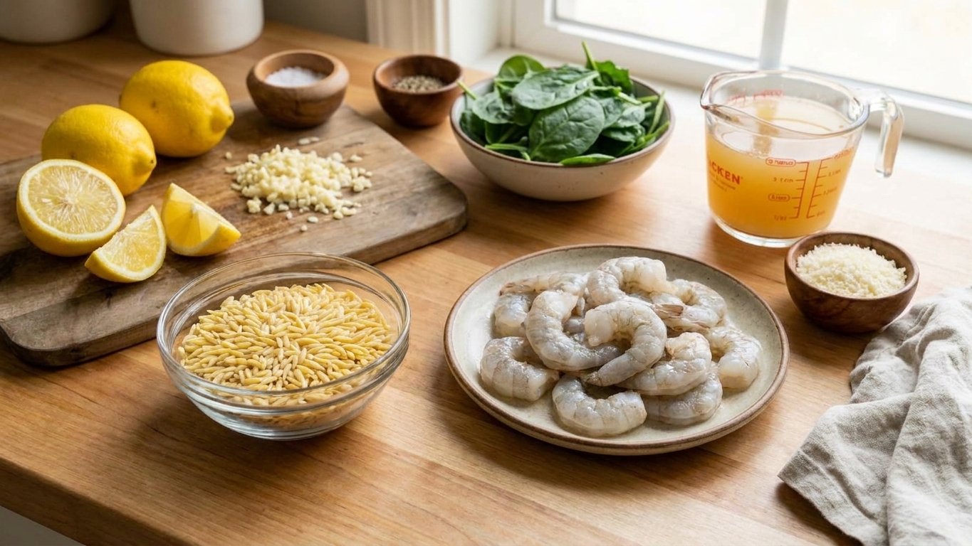 Raw shrimp, dry orzo, lemons, garlic, spinach, Parmesan, and chicken broth arranged on a light kitchen counter with a cutting board and small bowls