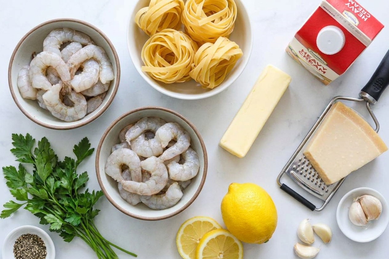 Raw shrimp, fettuccine, butter, heavy cream, Parmesan, garlic, lemon, parsley, and black pepper arranged on a bright kitchen counter